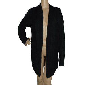 Fashion Cardigan Sweater Womens Medium Long Black Open Front pockets knee length
